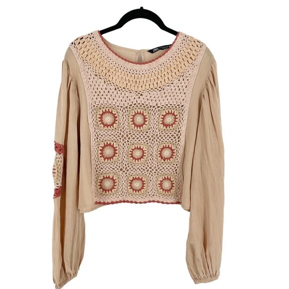 Zara Granny Square Crochet Medallion Front Full Sleeve Cropped Blouse Beige M - Picture 5 of 11